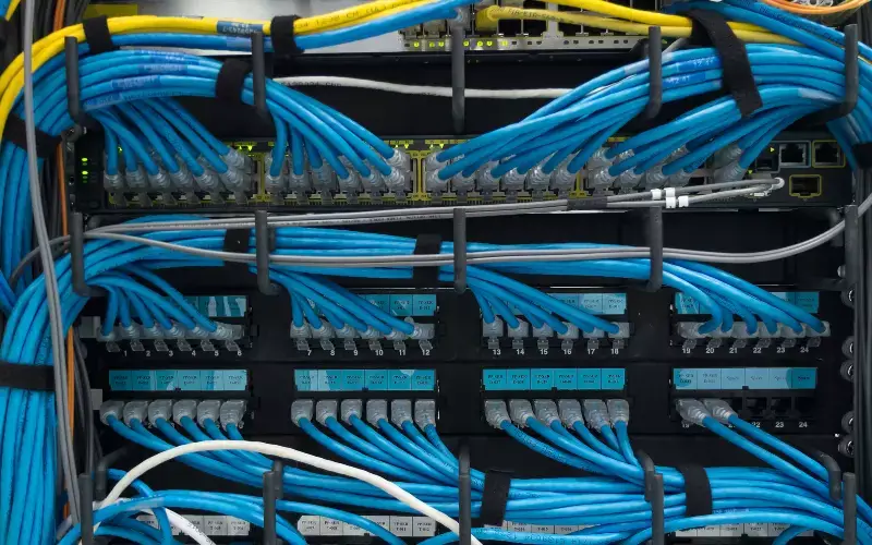 Cableado correctamente ordenado de un servidor, múltiples cables azules y amarillos conectados en la parte trasera de un servidor