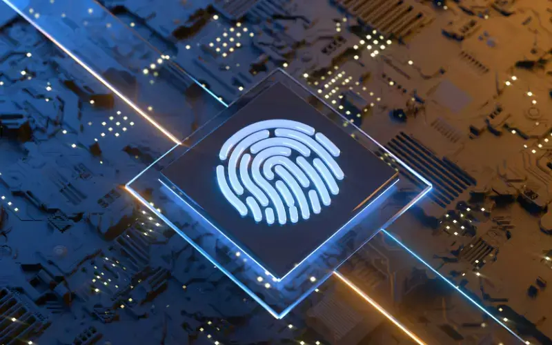 Placa de microchip sobre la que se muestra una placa con una huella digital grabada